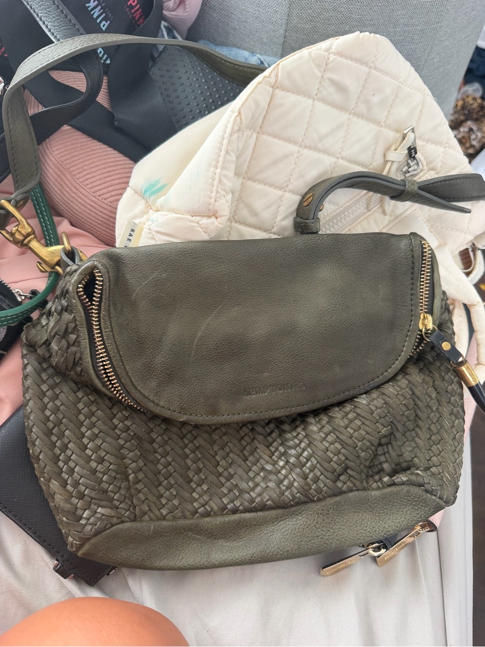 Woven Leather Shoulder Bag in Olive Green